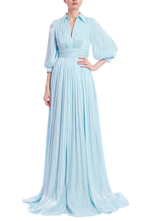 Pleated Chiffon Gown with Bishop Sleeves 